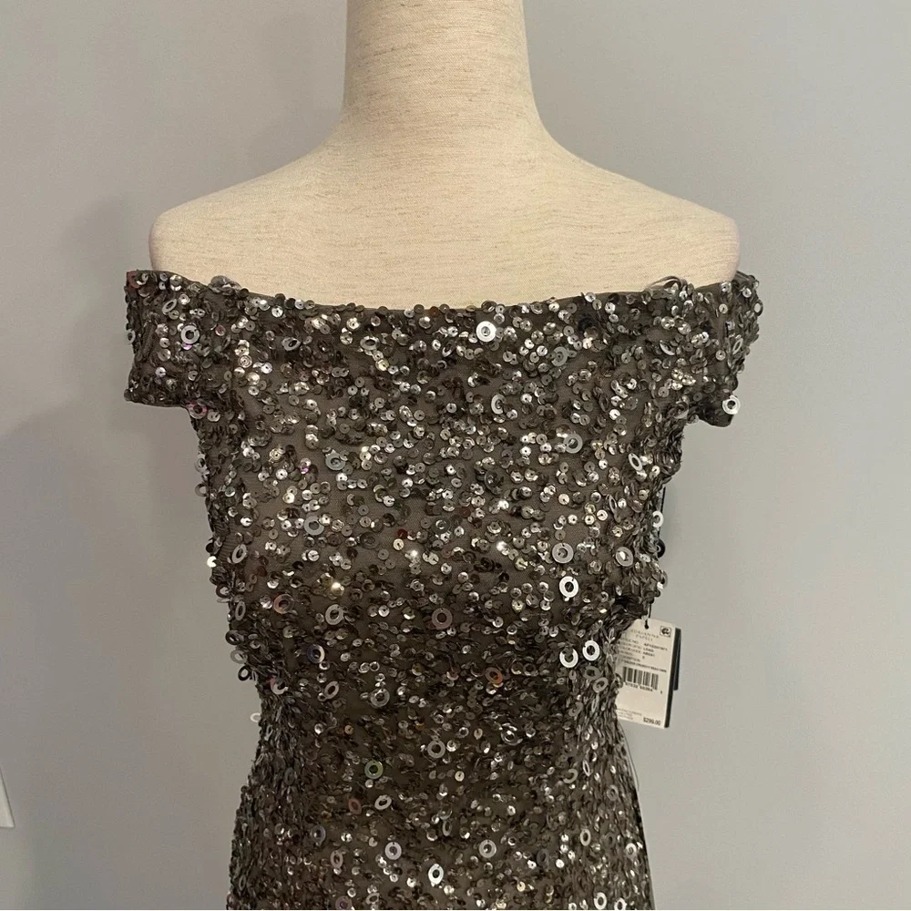 Adrianna Papell Silver Lead Off Shoulder Evening Dress Size 2 New with Tags - Picture 3 of 13